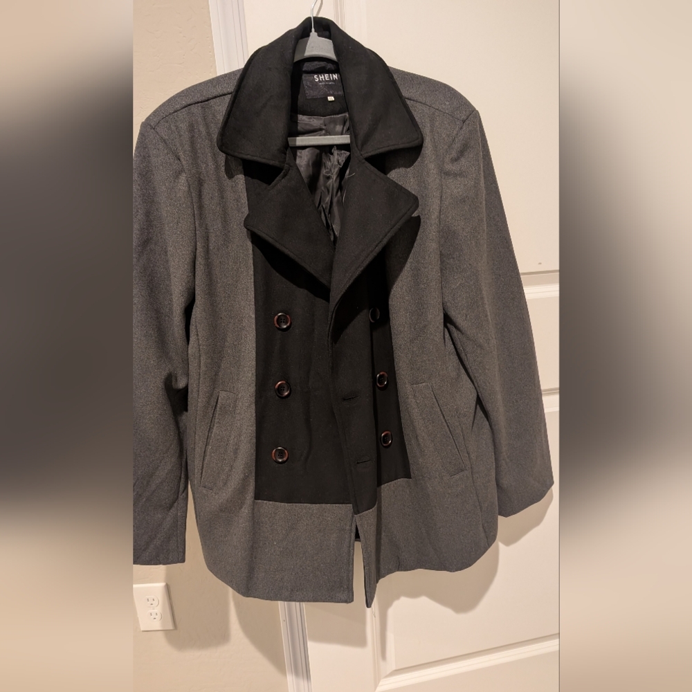SHEIN Gray and Black Peacoat Classic Wool Blend